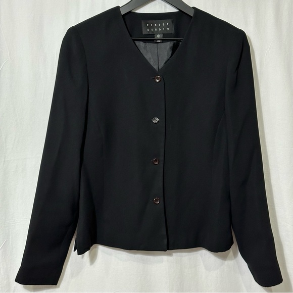 Vintage Black Finity Studio Collarless Blazer/Jacket V-neck Size 8 - Picture 1 of 9